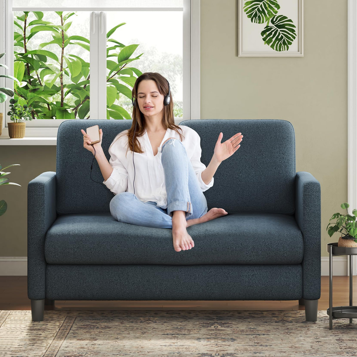 Welzona Loveseat Sofa, 51" Small Sofa Couch for Bedroom, Comfy Teddy Love Seat, Tool-free Setup Sofas for Living Room, All-wood Small Couches for Small Spaces, Small Couch No Pillow Include, Blue Grey Welzona