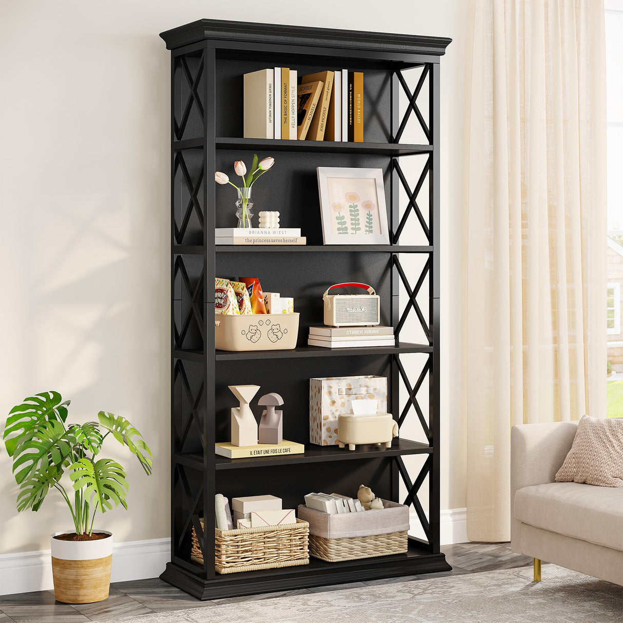 Tribesigns 6-Tier Bookcase, 71 Inches Industrial Bookshelves and Bookcases, Floor Standing 5 Shelf Display Storage Shelves Tall Bookcase for Home Office, Living Room, Bed Room, All Black Tribesigns