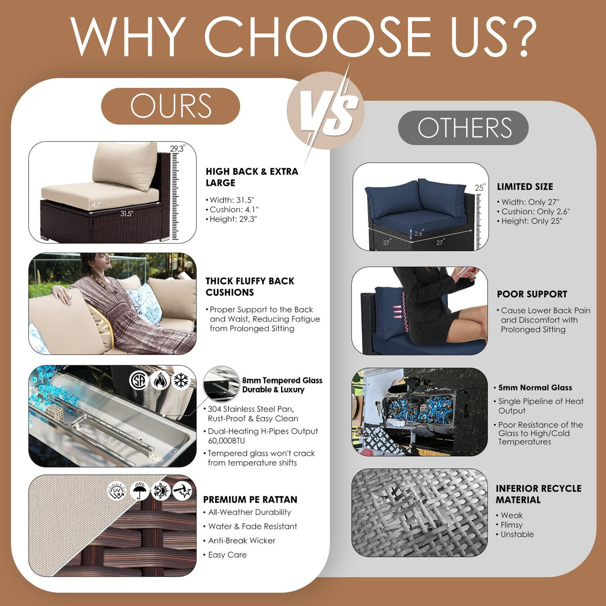 NICESOUL 15 Piece Outdoor Sectional with Fire Pit Table, Modern Luxury Patio Deep Seating w/Firepit, 29.3'' High-Back Wicker Couch Thick, Big High-Weight Capacity Sofa for Garden, Yard, Brown & Beige NICESOUL