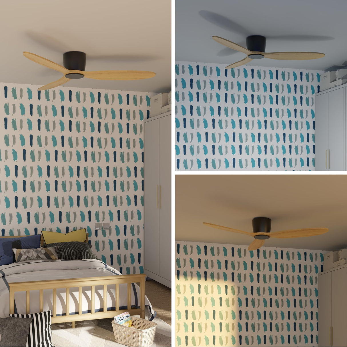 Flush Mount Ceiling Fan no light with Remote, 52 inch Low Profile Wood Ceiling Fan no light, Modern Ceiling Fan without light for Outdoor, Bedroom, Natural Wood and matte Black, DC Motor, 6 Speed OUATER