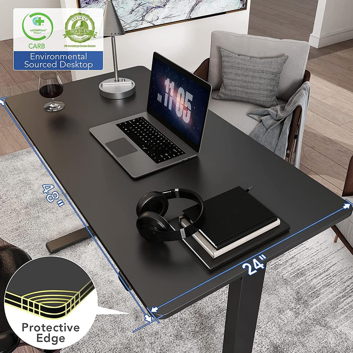 FLEXISPOT Standing Desk, Electric Height Adjustable Desk 48 x 24 Inches Sit Stand Desk Home Office Desk Whole-Piece Desk Board (Black Frame + 48 in Black Top) FLEXISPOT