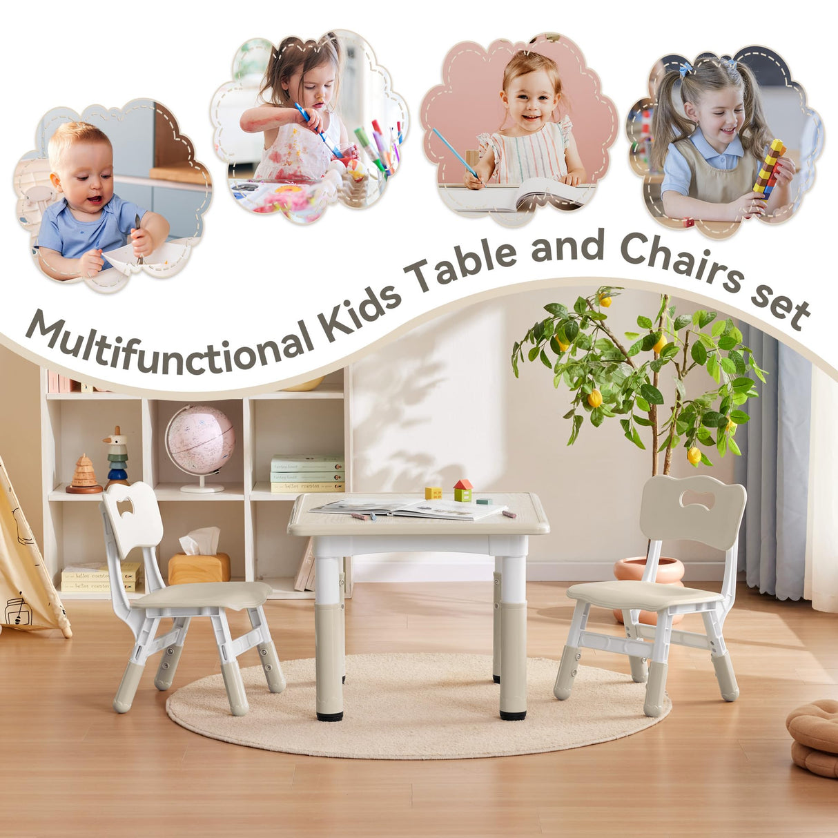 GITAWUSA Kids Study Table and Chairs Set, Height Adjustable Toddler Table and Chair Set for Kids Ages 3-8, 23.6" L x 23.6" W Graffiti Desktop Plastic Children Art Table with 2 Seats, Burlywood GITAWUSA