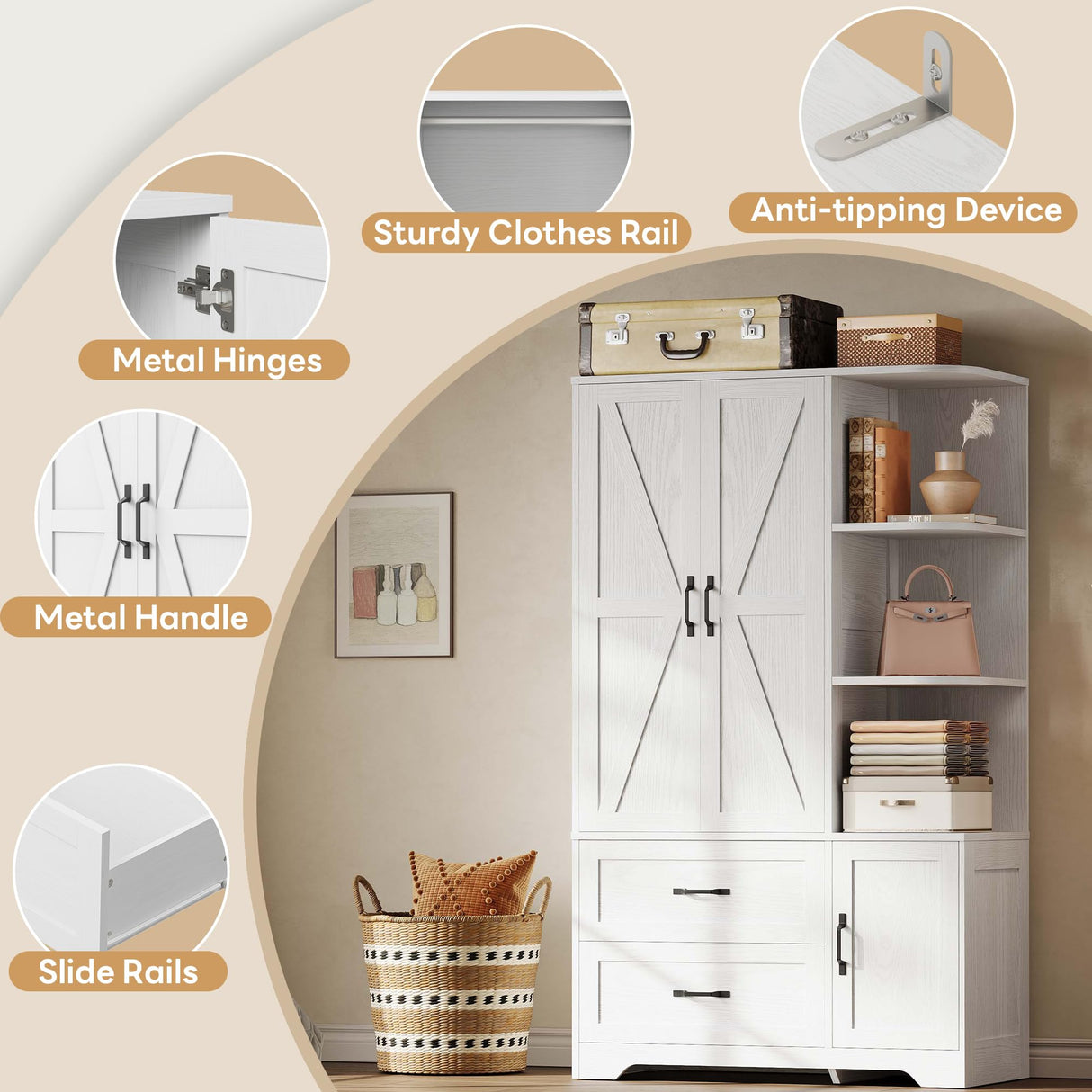 LIKIMIO Armoire Wardrobe Closet 70" H, Bedroom Wooden Wardrobe with 3 Doors 2 Drawers, Modern Clothing Storage Cabinet Combination with Storage Shelves and Hanging Rail, White LIKIMIO