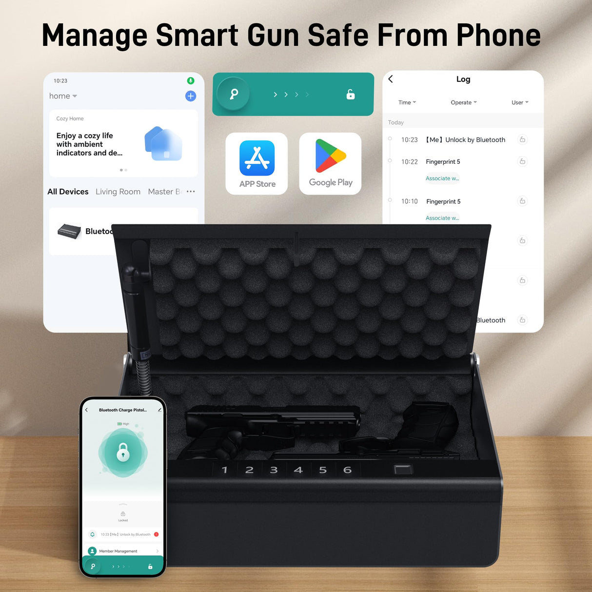 NASTAIS Biometric Gun Safe for 2 Pistols, Handgun safe, 4 Ways 0.1s Quick Access with APP/Fingerprint/Passcode/Key Unlock, Gun Lock Box for Home Bedside Nightstand Cloakroom Car NASTAIS