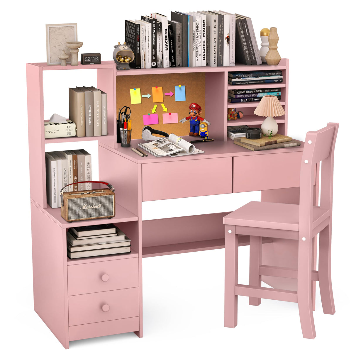 RUPOLX Pink Kids Desk and Chair Set for 5-12 Year Old, Childrens Computer Desk with 4 Drawers, Kids Study Table with Storage Shelf -3vj-40 RUPOLX