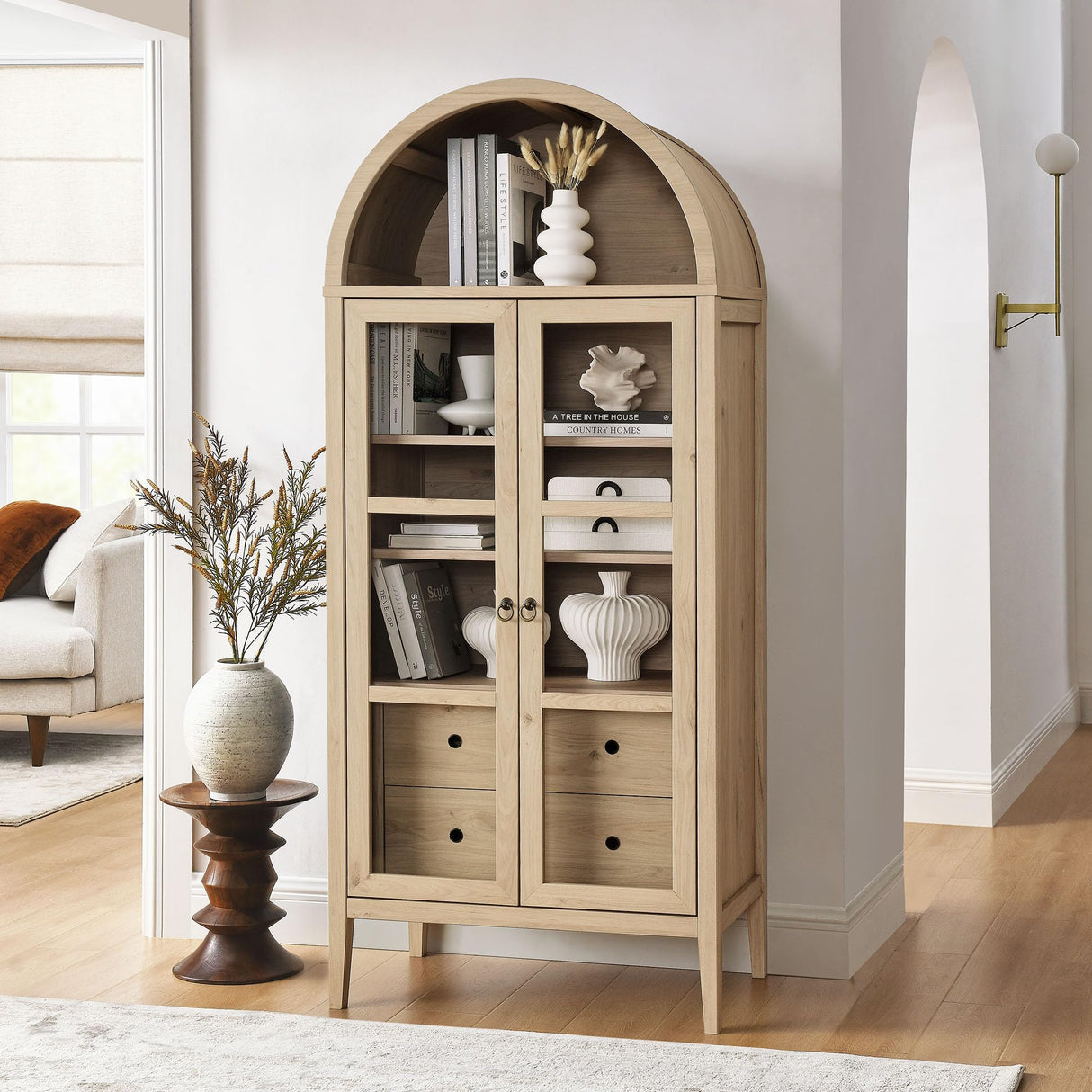 Modway Nolan Modern Farmhouse 71 Inch Tall Arched Storage Display Cabinet in Light Oak Wood Grain - 4-Tier Bookcase with Glass Doors and Shelves - Arch Accent Cabinet for Living Room Modway