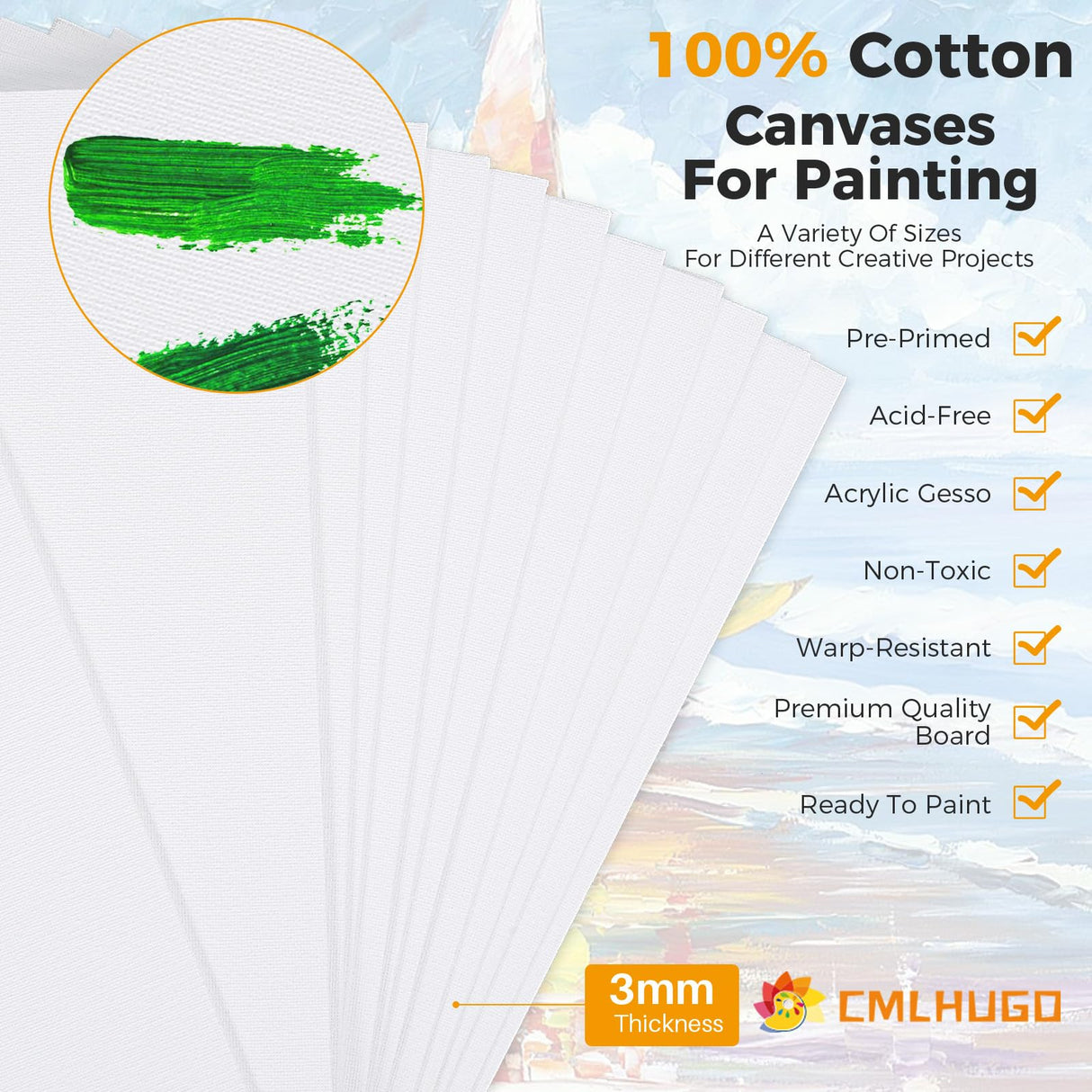 40 Pack Stretched Canvas Boards for Painting 8 of 4x4, 5X 7, 8x10, 9x12, 11x14 Art Blank Canvases, Gesso Primed 100% Cotton Canvas Panels for Acrylic Oil Watercolor Adults & Kids CMLHUGO