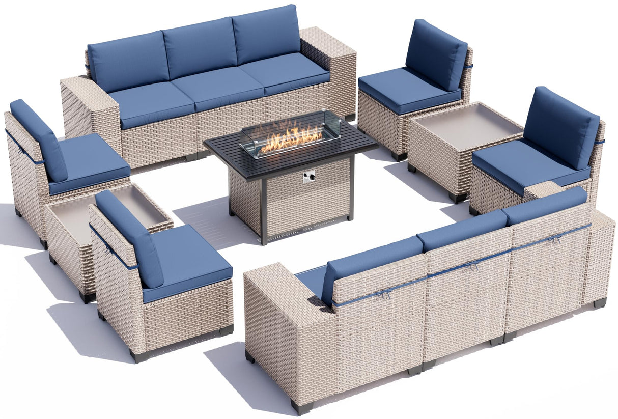 Aukreolis 13 Pieces Patio Furniture Set with Fire Pit Table, Outdoor Sectional Wicker Sofa with Thickened Cushions and Coffee Table, High Back Rattan Patio Conversation Sets, Navy Aukreolis