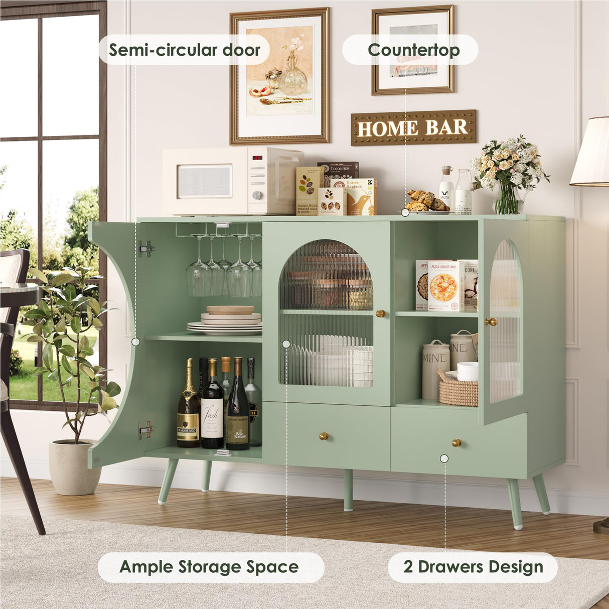 FACBOTALL Coffee Bar Cabinet, Buffet Sideboard Cabinet with 2 Drawers and Fluted Glass Door, Wine Bar Cabinet for Kitchen, Dining Room, Living Room, Modern Kitchen Storage Cabinet Green FACBOTALL