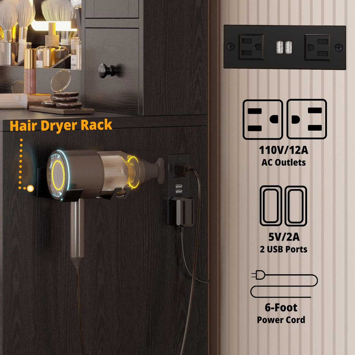 IRONCK Vanity Desk with LED Lights Mirror and Charging Station, Makeup Vanity Table with Jewelry Armoire, Storage Bench, and 11 Drawers,Black IRONCK