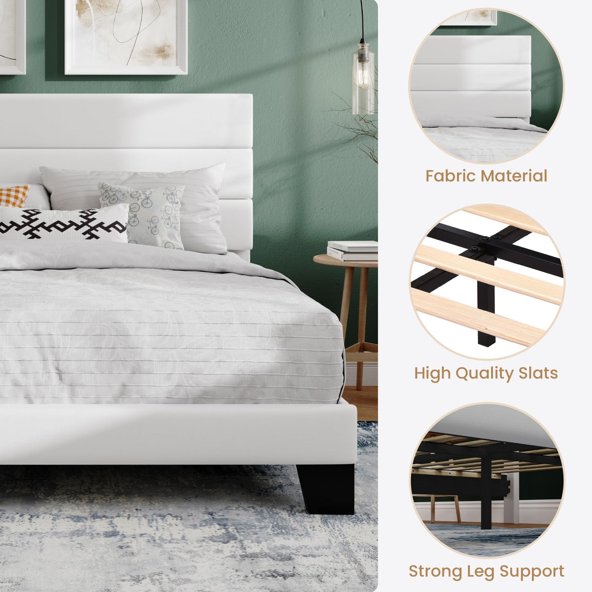 SHA CERLIN King Platform Bed Frame with Velvet Upholstered Headboard, Mattress Foundation with Strong Wooden Slats Support, No Box Spring Needed, White SHA CERLIN