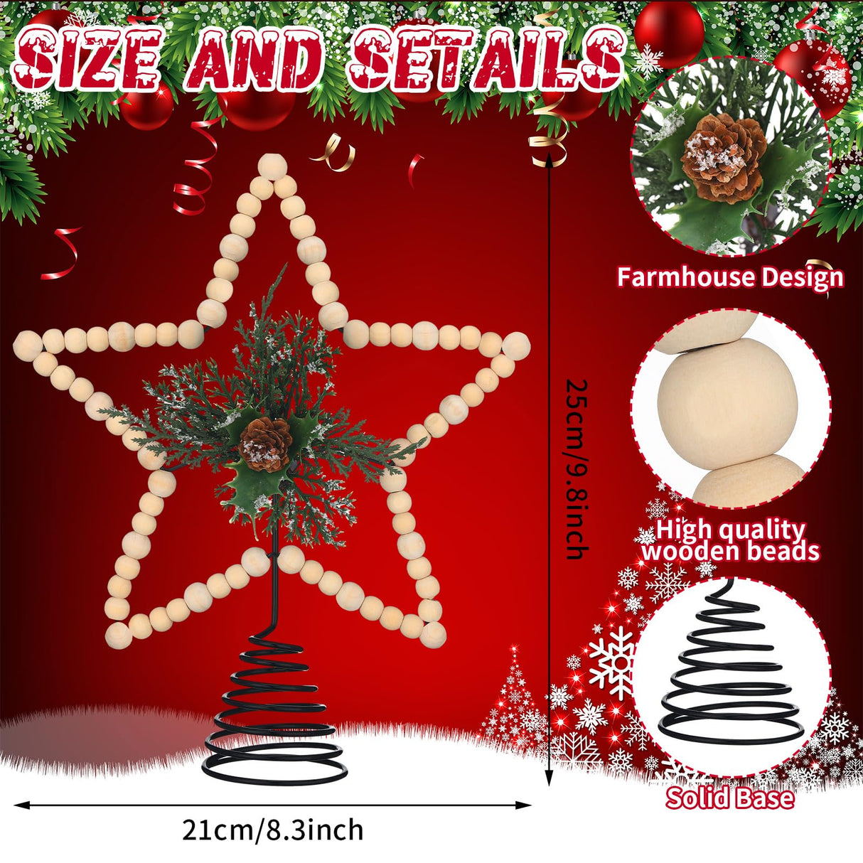 Gejoy Christmas Beaded Star Tree Topper Farmhouse Christmas Tree Topper Rustic Star Tree Topper with Berries Pinecones Neutral Christmas Star Tree Topper for Xmas Tree Decorations(Cone,Wooden) Gejoy