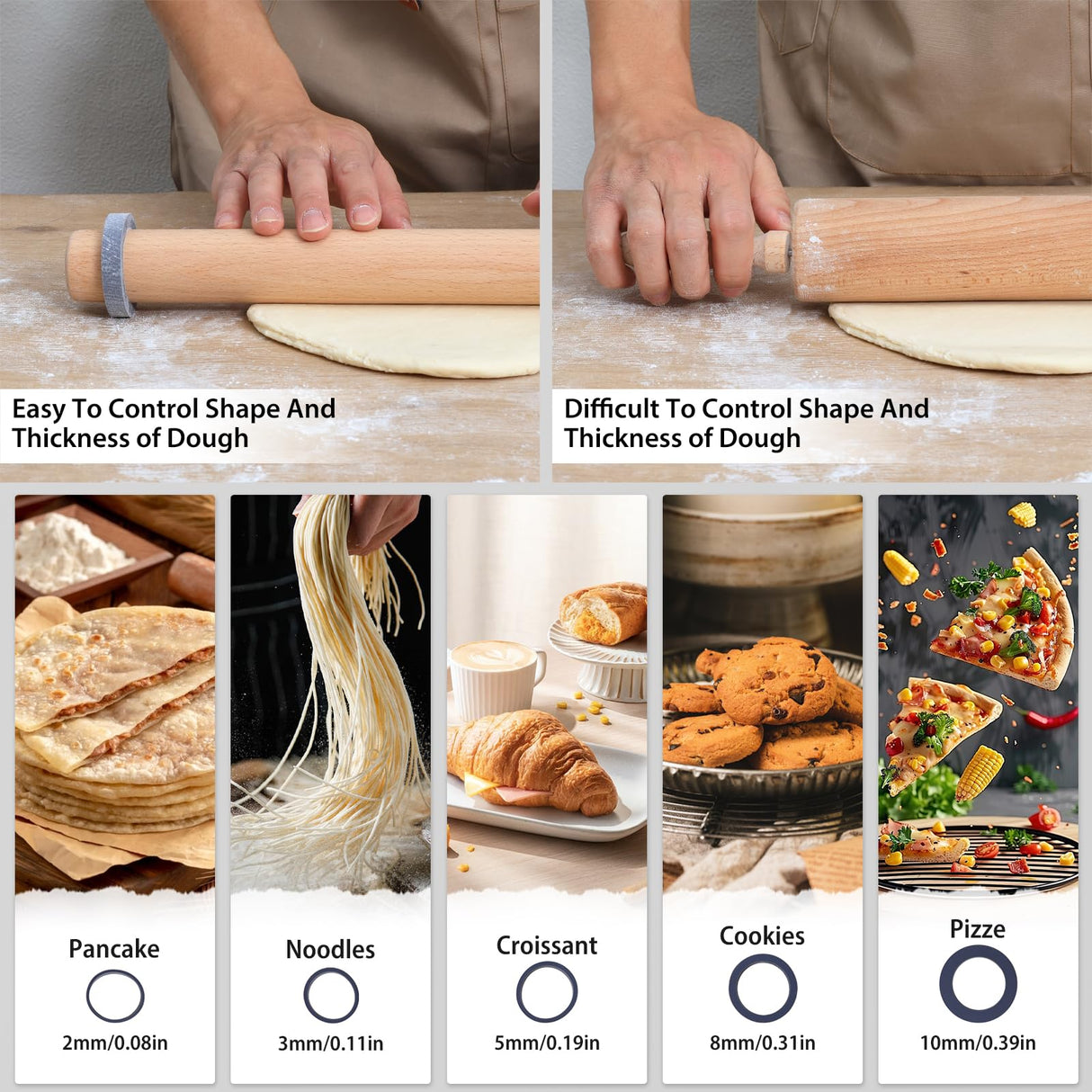 Adjustable Wood Rolling Pin with Thickness Rings for Baking -Non Stick Wooden Dough Roller Pin with Spacer Bands for Cookie,Pie Crust, Pastry Fondant and Bread By Folksy Super Kitchen (15.8, Grey) Folksy Super Kitchen