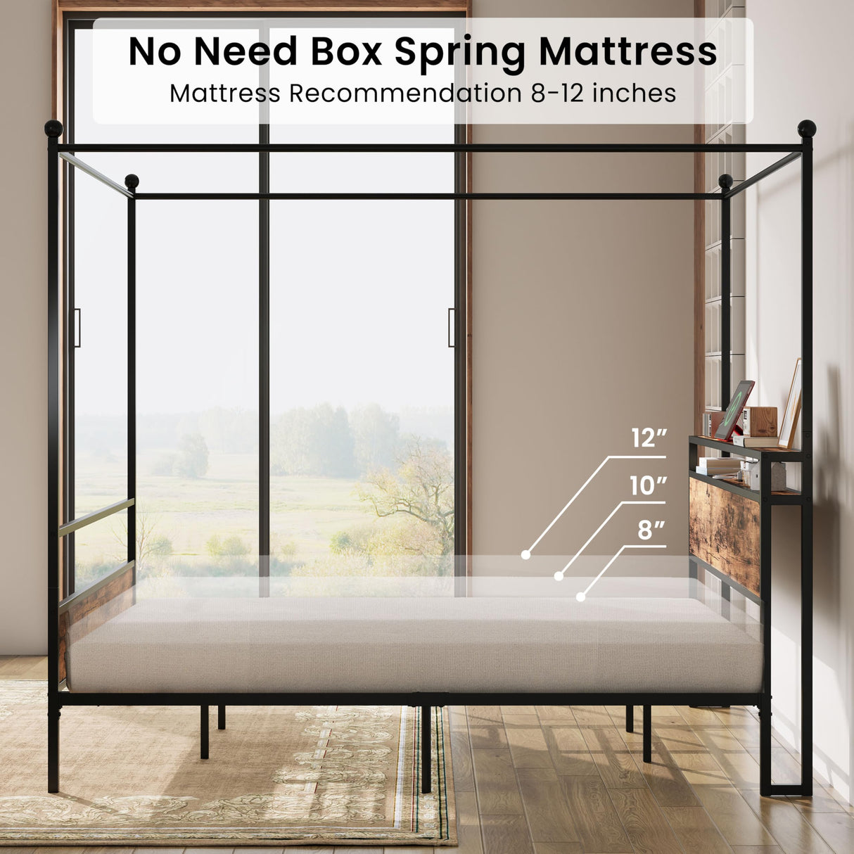 LIKIMIO Canopy Bed Frame King with Storage Headboard & Charging Station, Sturdy Metal Platform Bed with 4 Removable Posts, Dual Purpose Bed Frame, No Box Spring Needed, Noise Free LIKIMIO