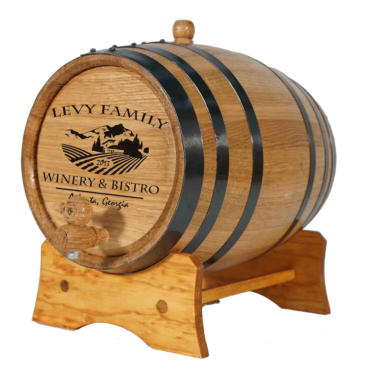 Personalized 1 Gallon Oak Wine Barrel with Stand, Bung, and Spigot (5 liter) | Age Cocktails, Wine, Mead and More! | Custom Engraved Vineyard Bistro THOUSAND OAKS BARREL