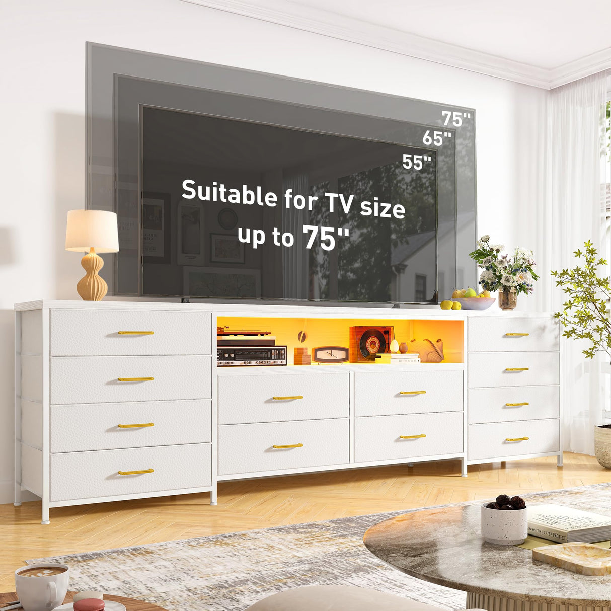 EnHomee 12 Drawer Dresser TV Stand for 65 70 75 Inch TV, 63" W Extra Long White Dresser for Bedroom with LED Lights & Power Outlets, Entertainment Center with Drawers, Fabric Dresser for Closet EnHomee