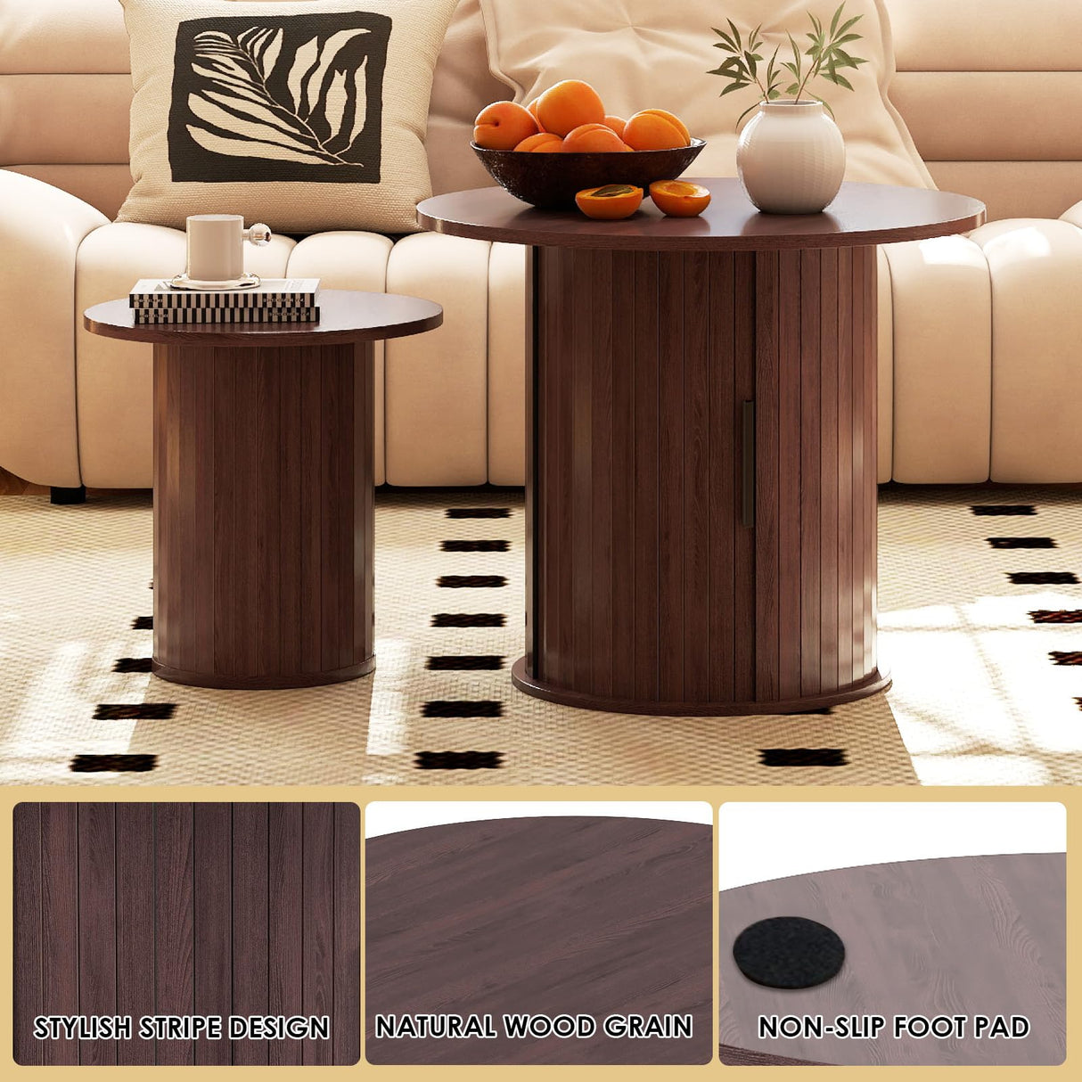 COSVALVE Nesting Coffee Table Set of 2 with Hidden Storage & Sliding Door, 23.6“ Circle Wood Coffee Table, Farmhouse Side & End Table Sets for Living Room, Small Spaces, Walnut COSVALVE