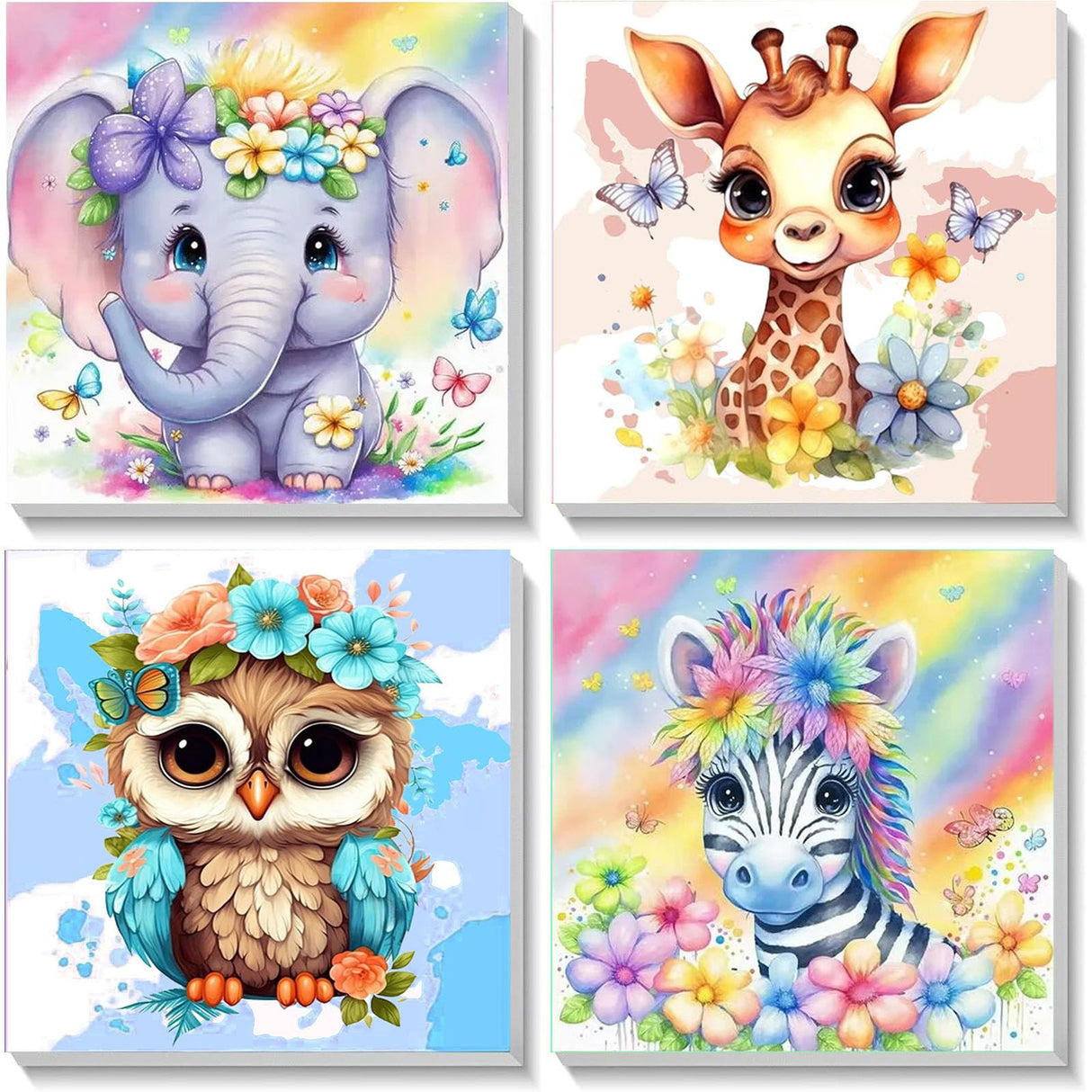 4 Pack Animal Paint by Number for Kids with Wooden Frame, Paint by Numbers for Kids Animals Ages 4-8-12, Easy Elephant Owl Giraffe Zebra DIY Acrylic Oil Painting Kits for Home Wall Decor (8X8 inch) xackcme