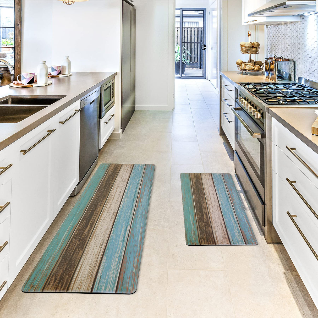 MAYHMYO Kitchen Rugs and Mats Set of 2 Teal Farmhouse Anti Fatigue Mat PVC Non Slip Retro Rustic Wood Texture Kitchen Mats for Floor,17.3 x 29 x 0.4 inch + 17.3 x 47 x 0.4 inch MAYHMYO