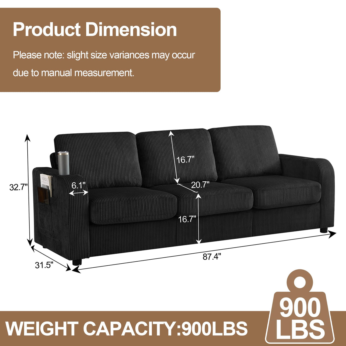 Abbrevi 87.4" Oversize 3 Seater Couch,Upholstered Sofa for Living Room,Modern Deep Seat Comfy Loveseat Couch with Cup Holders,Corduroy Love Seat Sofa (Black) Abbrevi