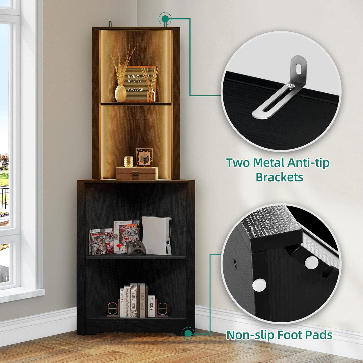 YITAHOME 5-Tier LED Corner Shelf Stand - Black Wooden Display Storage Rack for Bedroom and Living Room YITAHOME