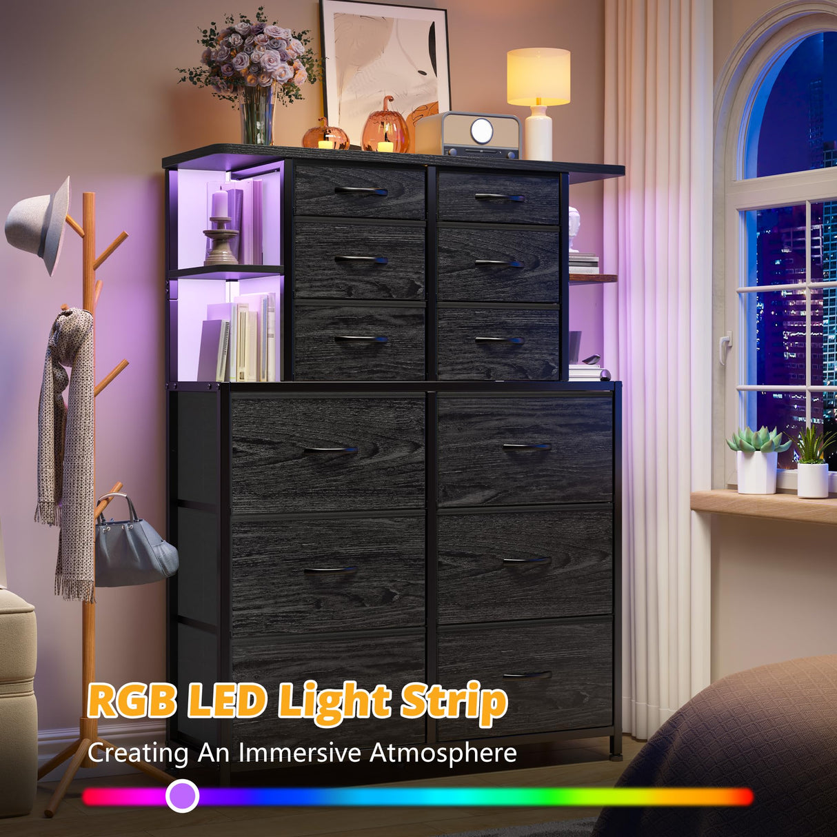 EnHomee Dresser for Bedroom with LED Lights and 12 Fabric Dresser with 4 Open Shelves, Chest of Drawers, Metal Frame, Black, 45.2" H x 35.4" W x 11.8" D EnHomee