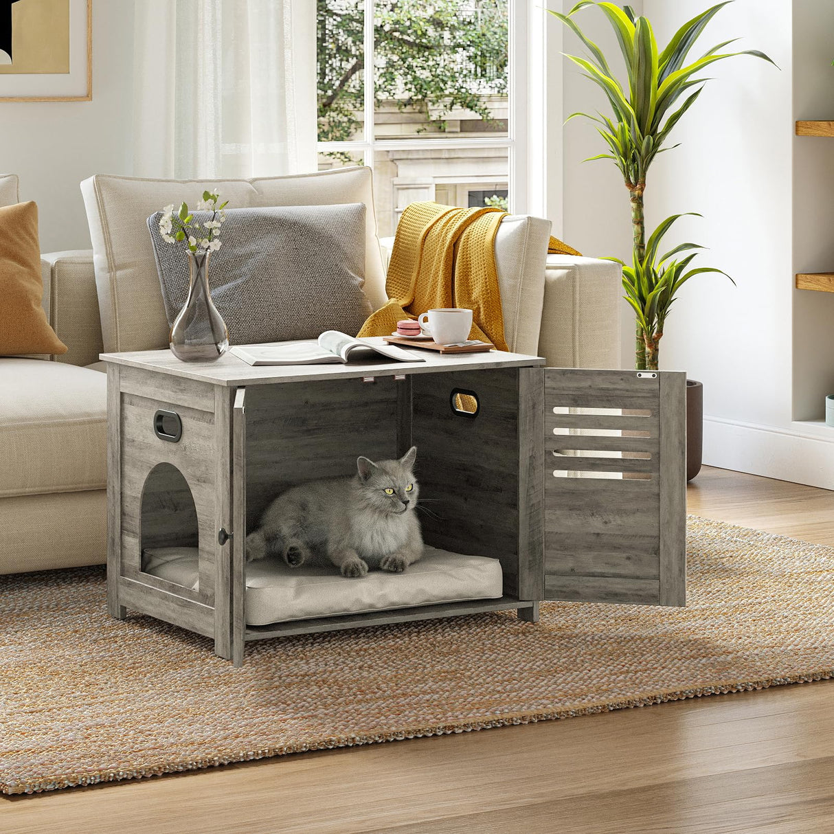 DINZI LVJ Litter Box Enclosure, Cat Litter House with Louvered Doors, Entrance Can Be on Left or Right Side, Spacious Hidden Washroom for Most of Box, Furniture Cabinet, Gray Wash DINZI LVJ