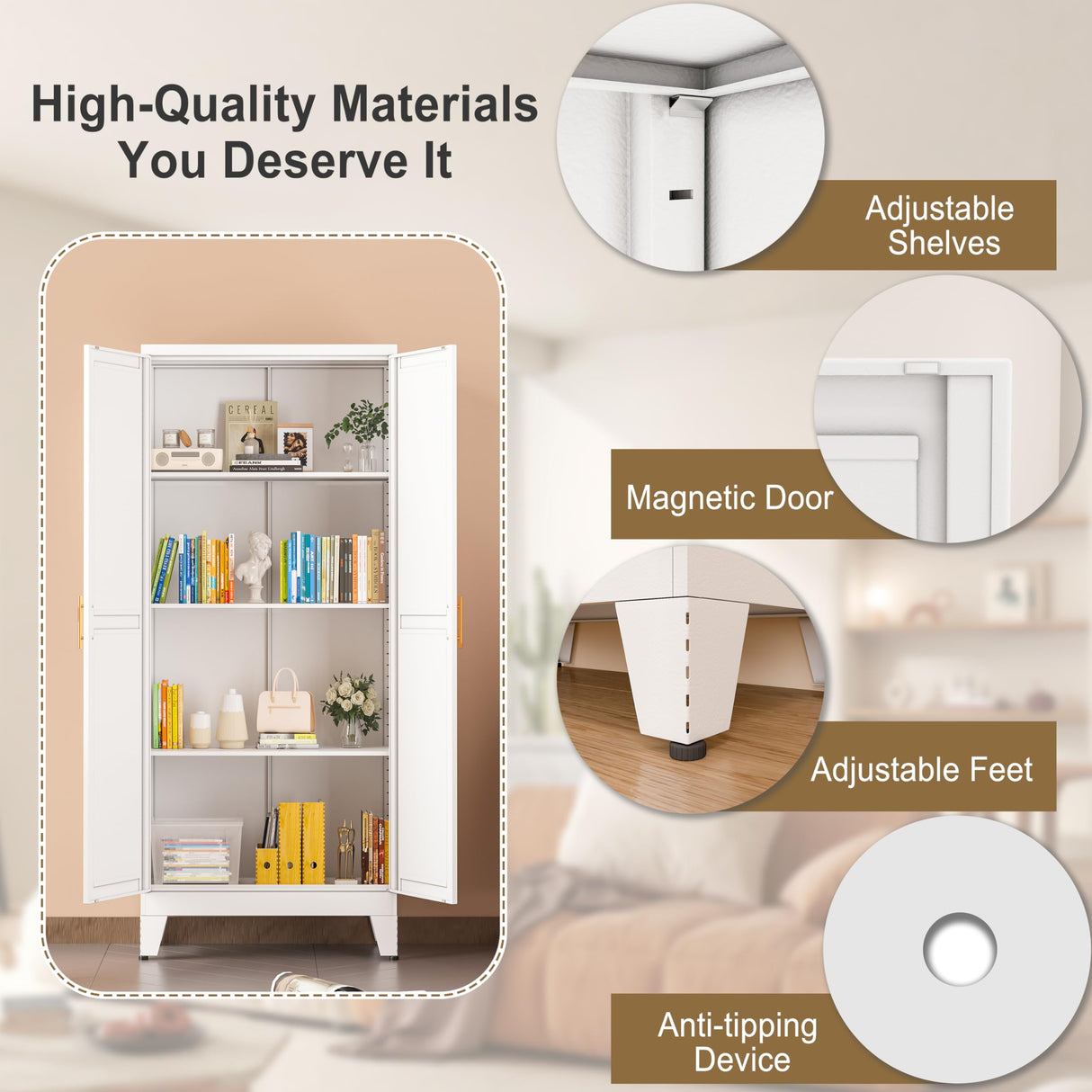 pozdeg White Metal Storage Cabinet, 47.25" H Steel Kitchen Pantry Cabinet with 2 Doors and 3 Adjustable Shelves, Versatile Sideboard Buffet Cabient for Home Office Warehouse Garage or Outdoor pozdeg