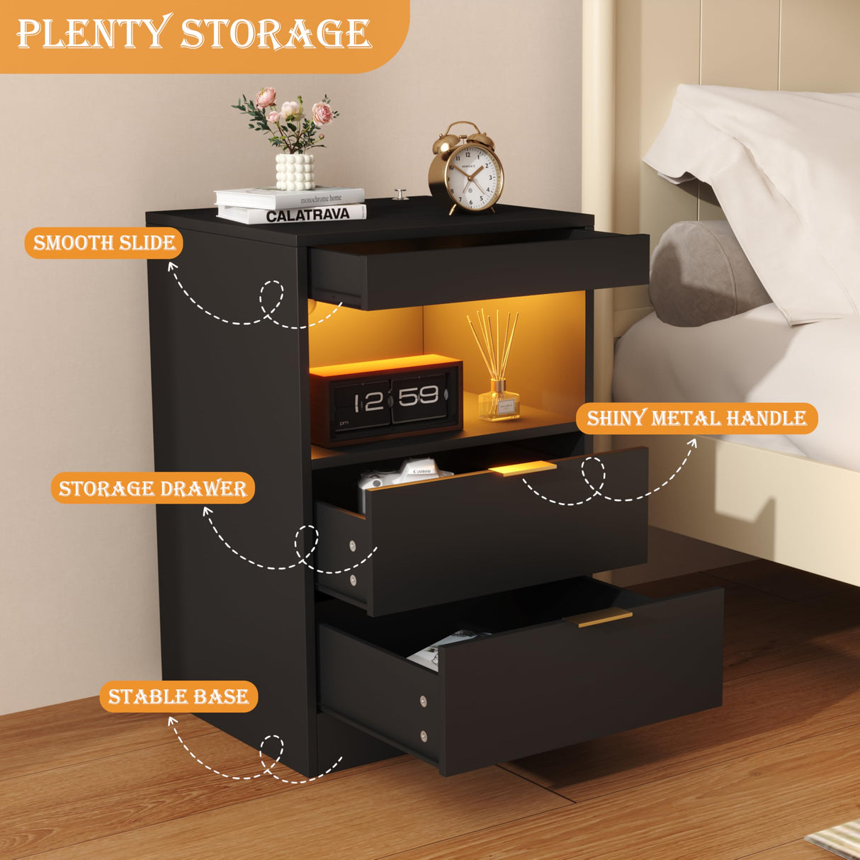 Yusong Night Stand with Gun Drawer & Invisible Lock, Bedside Table, LED Nightstand with Charging Station, Modern Night Stand, Wood Sofa Couch End Side Table with 2 Pull-Out Shelf, Black Yusong