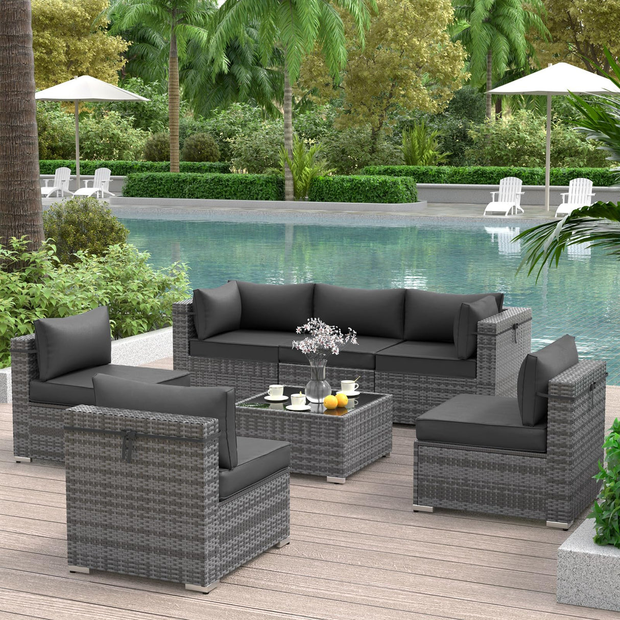 VONZOY Outdoor Patio Furniture Set 7 Pieces Sectional Rattan Sofa Set, PE Wicker Patio Conversation Set with 6 Seat Cushions and 1 Tempered Glass Table and Furniture Cover, Black VONZOY