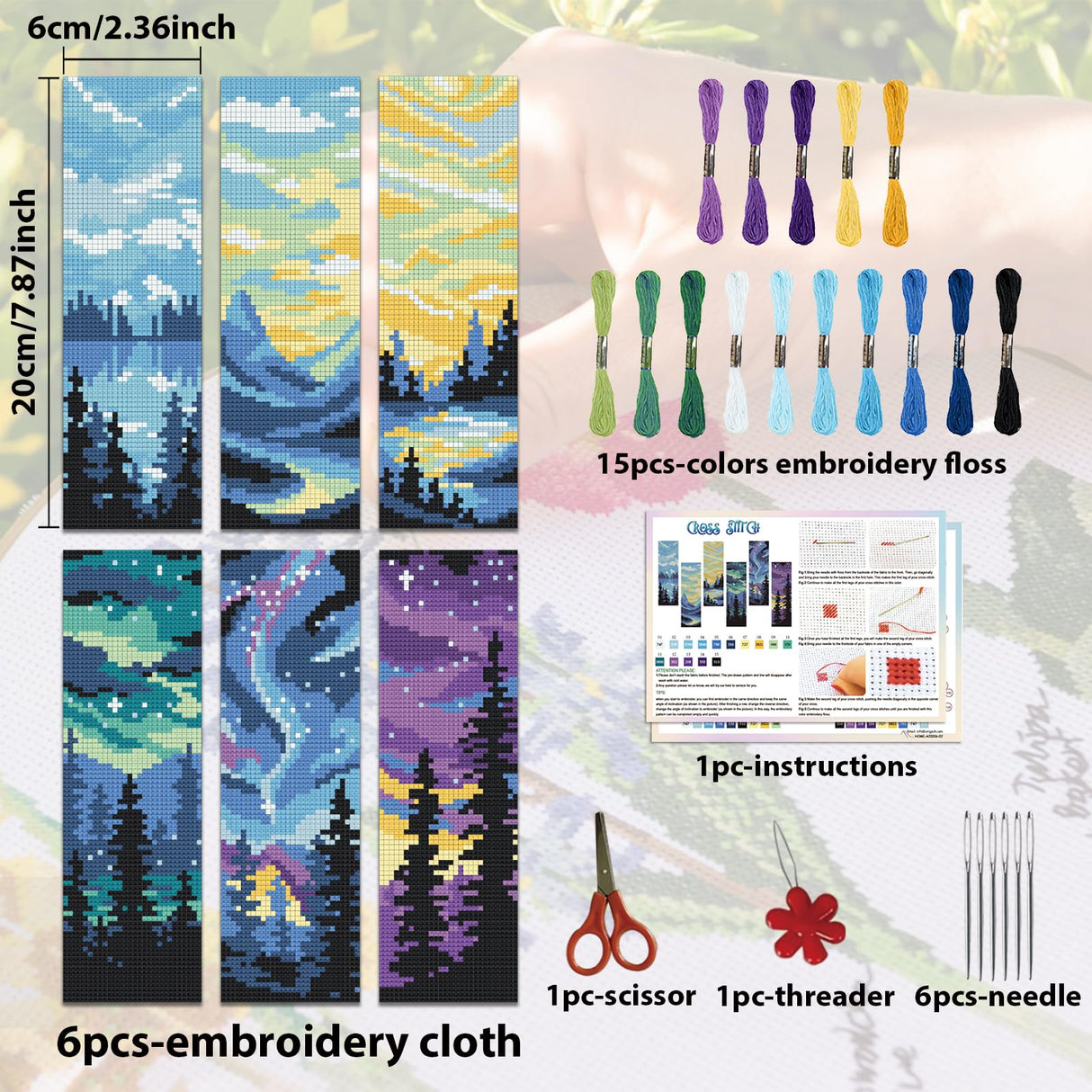 ACRNIGHEET 6PCS Cross Stitch Bookmark Kit for Adult Beginners Landscape Cross Stitch Kits DIY Crossstitch Kits Adult Stamped Bookmark Embroidery Bookmarks Kit with Instructions 8''x2.4'' 11CT ACRNIGHEET