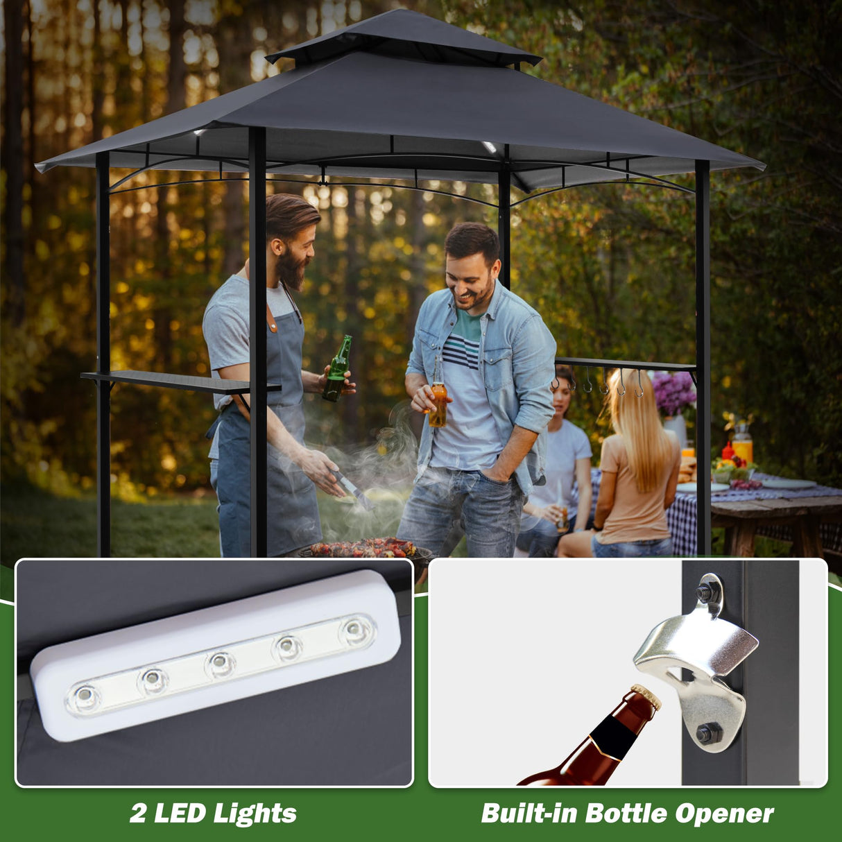 GARTOO 8'x5' Outdoor Grill Gazebo - Double Roof BBQ Gazebo Canopy with 2 Side Shelves and LED Lights, Patio BBQ Pergola Shelter for Garden, Porch and Backyard (Grey) GARTOO