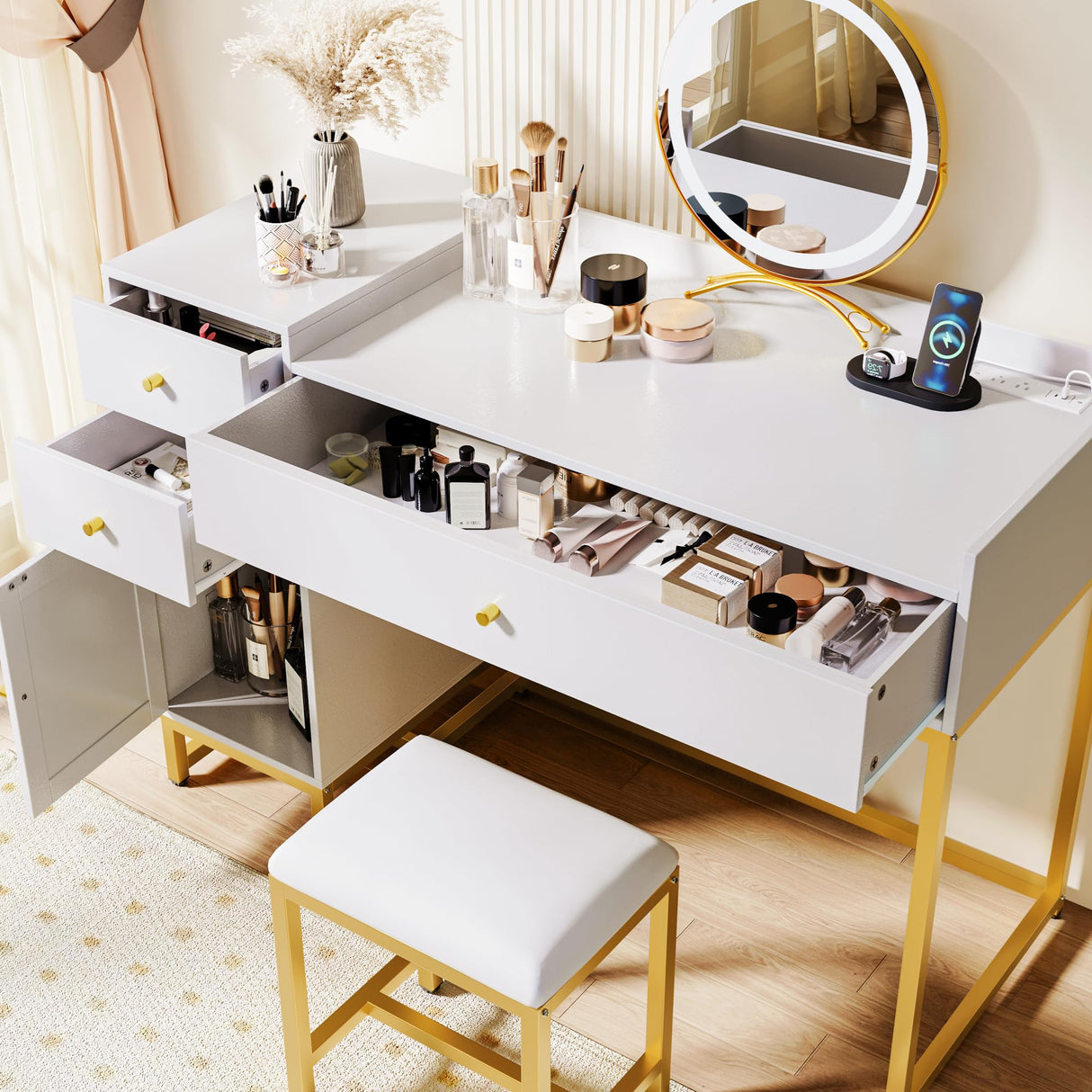 AWQM White Makeup Vanity Desk with Stools,Rattan Vanity Table Set with Power Outlet,Makeup Table Dressing Table with Drawers & Cabinet, Small Vanity Table for Bedroom with Storage,Without Mirror AWQM