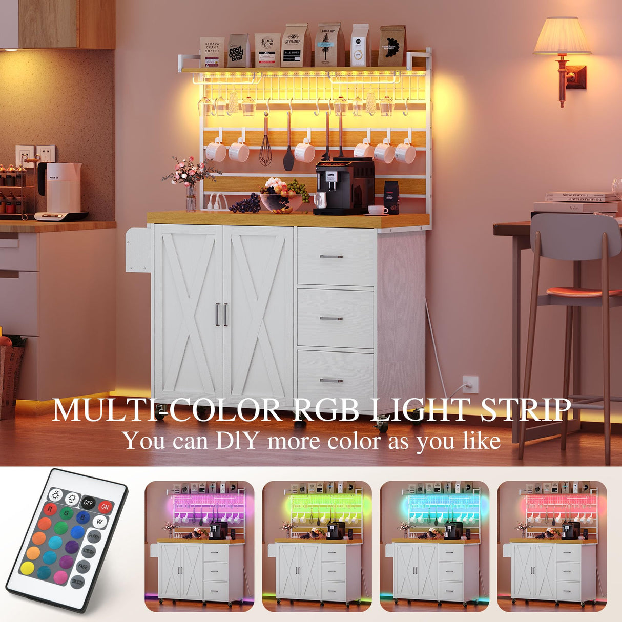 DWVO Farmhouse Bakers Rack with Power Outlet and LED Light, 53 inch Coffee Bar Cabinet Station with Storage, Microwave Stand on Wheels, with Wine Racks, Shelves, Goblet Holder and 14-S Hooks (White) DWVO