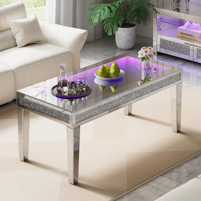 Alohappy Mirrored Coffee Table with Lasagna Light, Glass Rectangle Coffee Tea Table with Crushed Diamond for Living Room, Tempered Glass Silver Coffee Table for Bar, Game Room Decor
