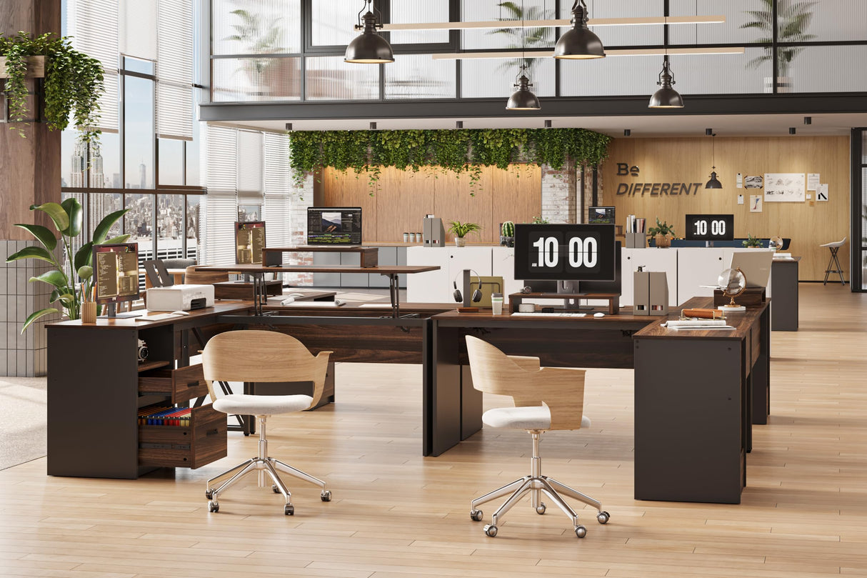 Bestier Lift Top L Shaped Desk with File Drawer, 55'' x 55'' Office Desk with Reversible Storage Drawers, L Shaped Standing Desk with Computer Monitor Stand (Walnut, 55'' x 55'') Bestier