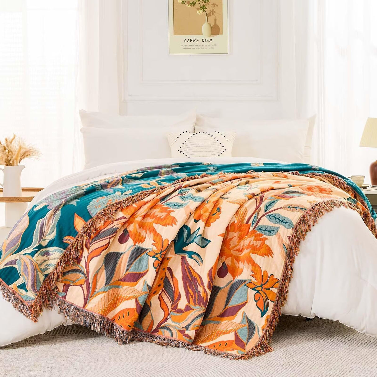 XIBLC Boho Throw Blanket for Bed, 100% Cotton Soft Rustic Quilt Fall Blanket, 60"x80" Floral Printed Farmhouse Decor Bed Blankets, All Season Rustic Reversible Bohemian Throw Quilt XIBLC