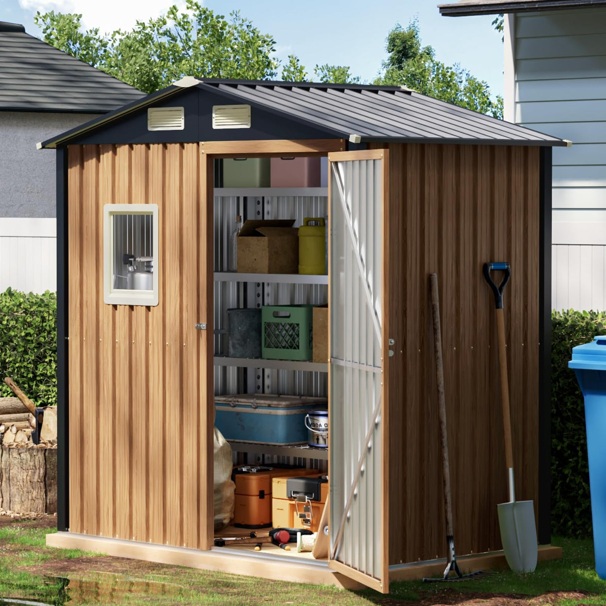 Panovue 6X4FT Garden Storage Shed with Lockable Door,Steel Tool Shed with 1 Clear Window, Anti-Corrosion Metal Shed for Backyard Patio Lawn (Light Wood Grain) Panovue