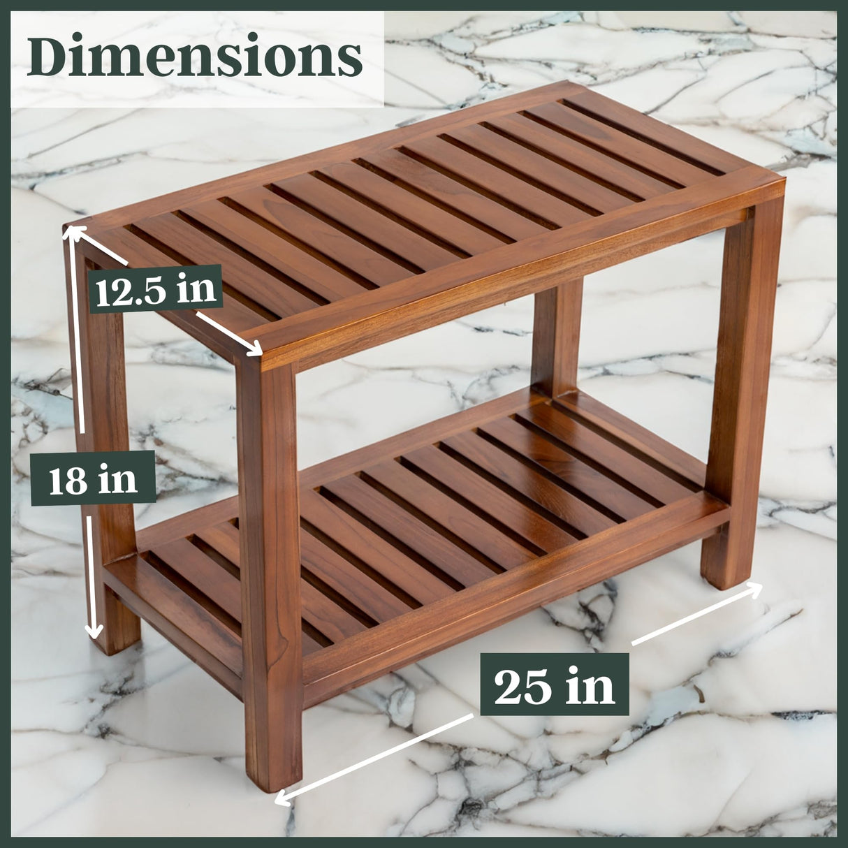 Teak Shower Bench - with Shelf, 25 Inch, Wooden Seat Stool for Bathroom, Spa, Garden, Fully Assembled, The Akar 25 The Teaky Hut