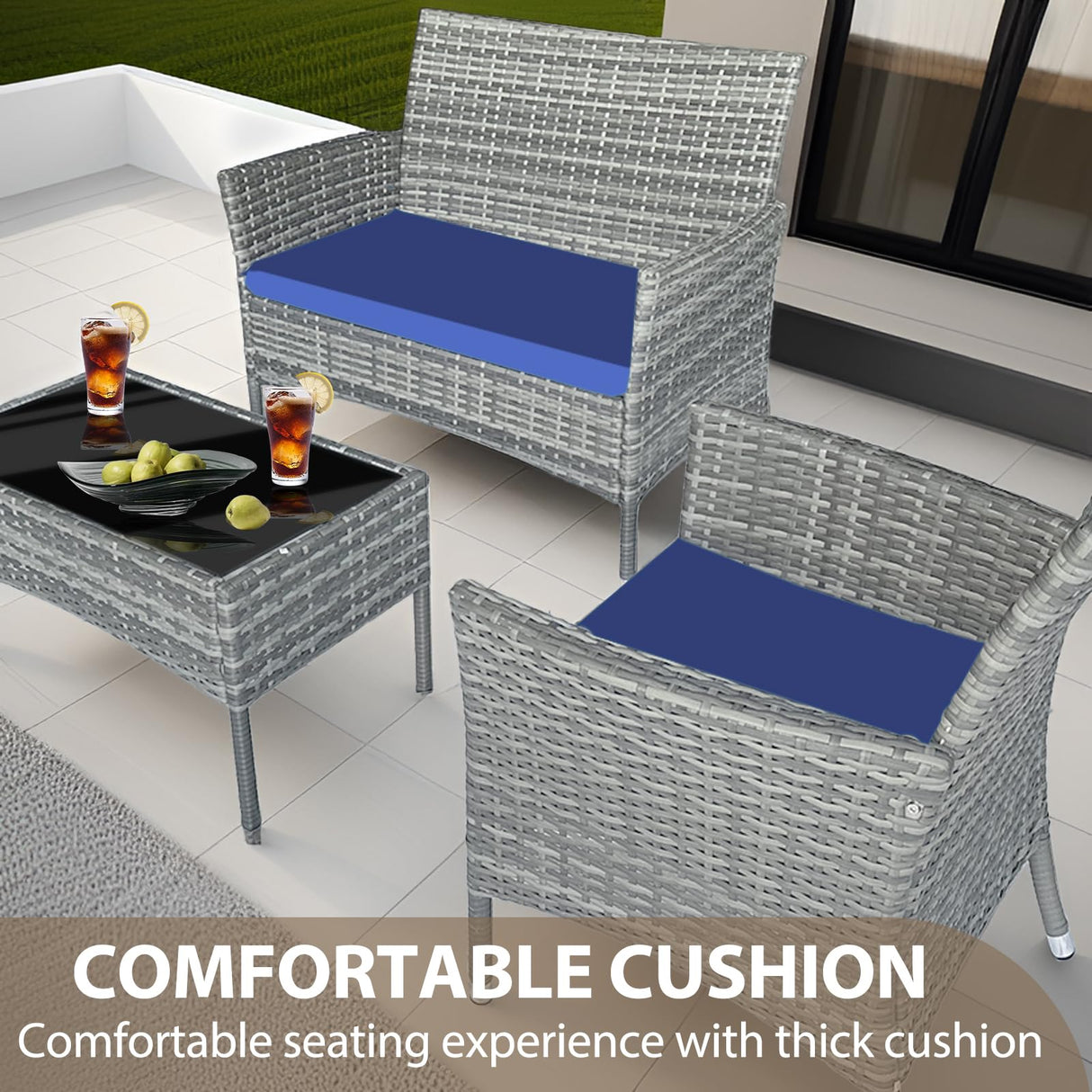 CHNBJY Patio Furniture Set 4 Pieces Outdoor Rattan Chair Wicker Sofa Garden Conversation Bistro Sets for Yard,Pool or Backyard (Grey + Blue Cloth) CHNBJY