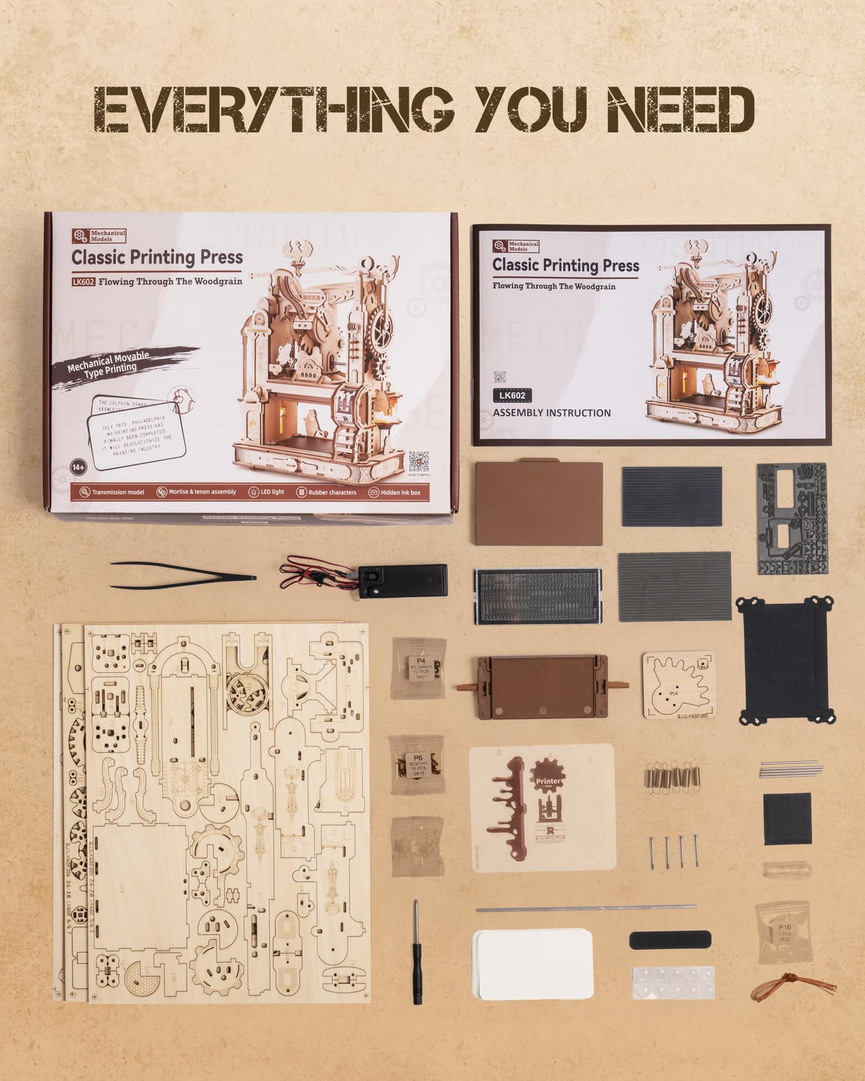 Wowood 3D Puzzles for Adults, STEM Building Kits for Kids, DIY Mechanical Gears Wooden Puzzles, Birthday Gifts for Men/Women (Classic Printing Press) Wowood