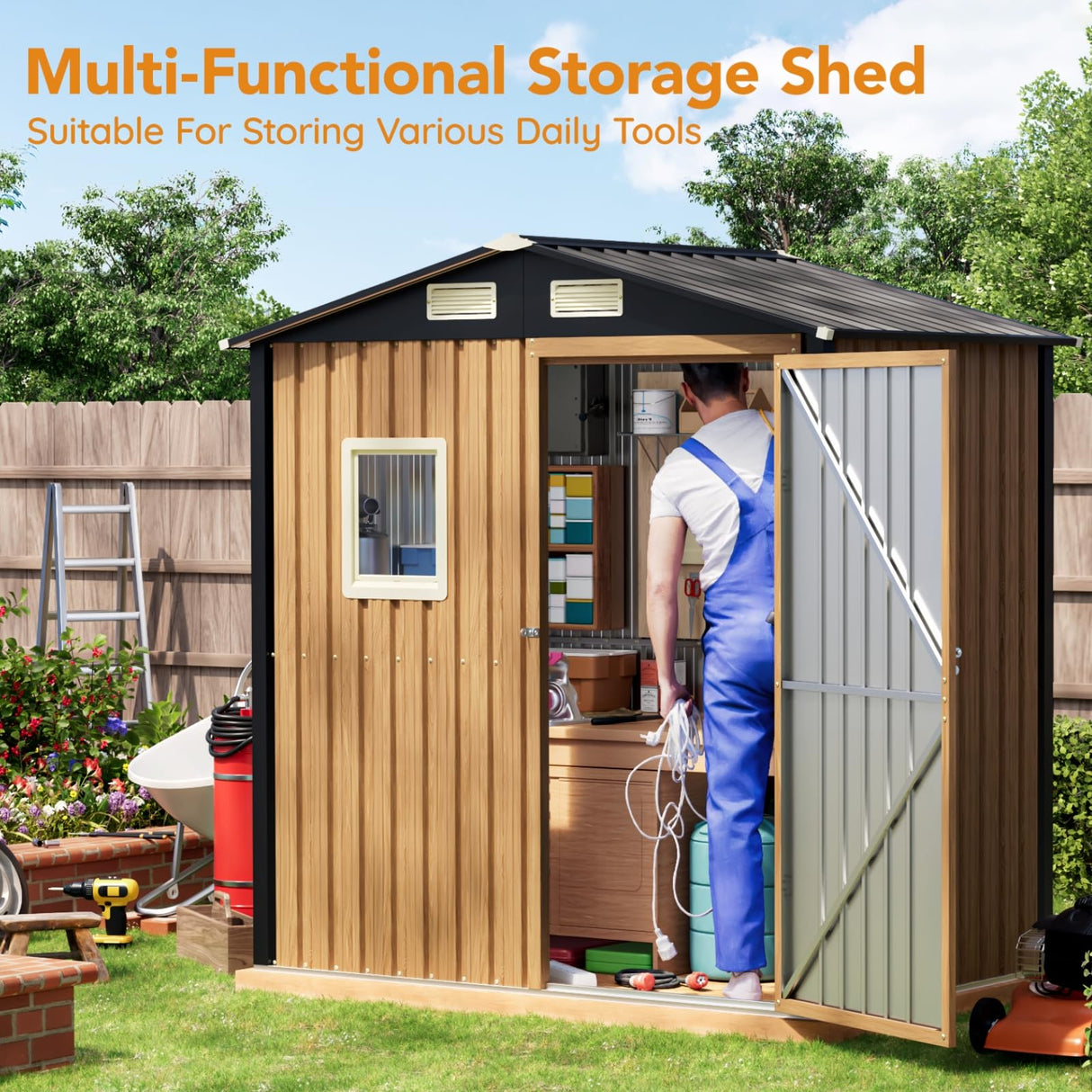 Panovue 6X4FT Garden Storage Shed with Frame Floor & Lockable Door,Steel Tool Shed with 1 Clear Window, Anti-Corrosion Metal Shed for Backyard Patio Lawn (Light Wood Grain) Panovue