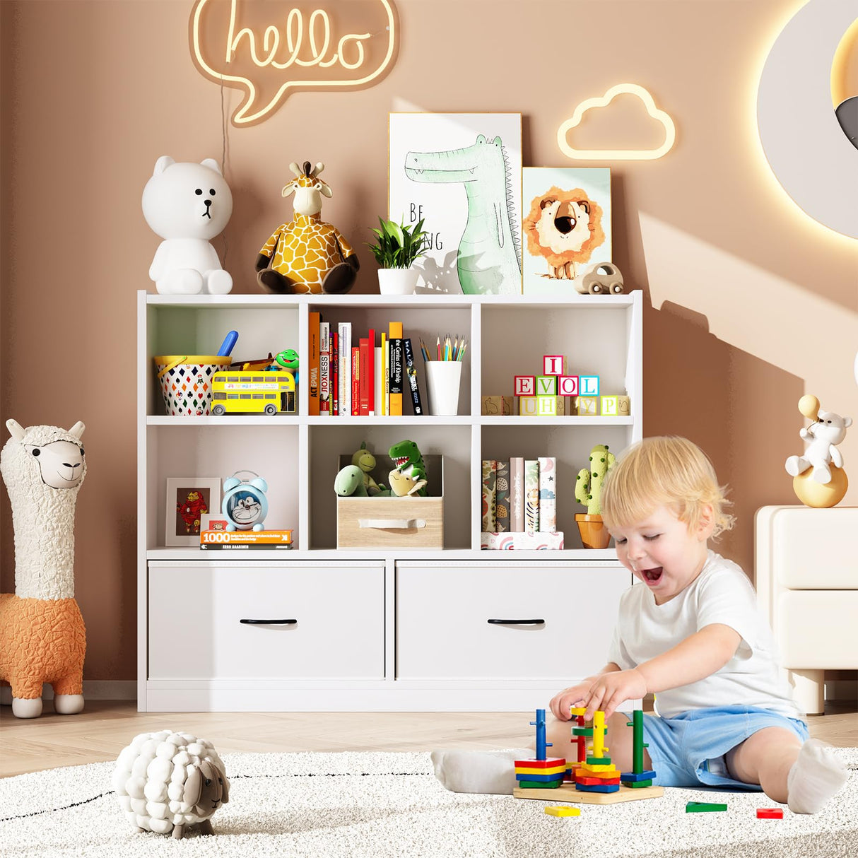 Adompacat Cube Bookshelf Storage Organizer Bookcase,8 Cube Open Mid-Centur Shelf,Freestanding Display Bookshelve, Modern Wide Toy Shelf with Drawers for Bedroom Living Room Office(White) Adompacat