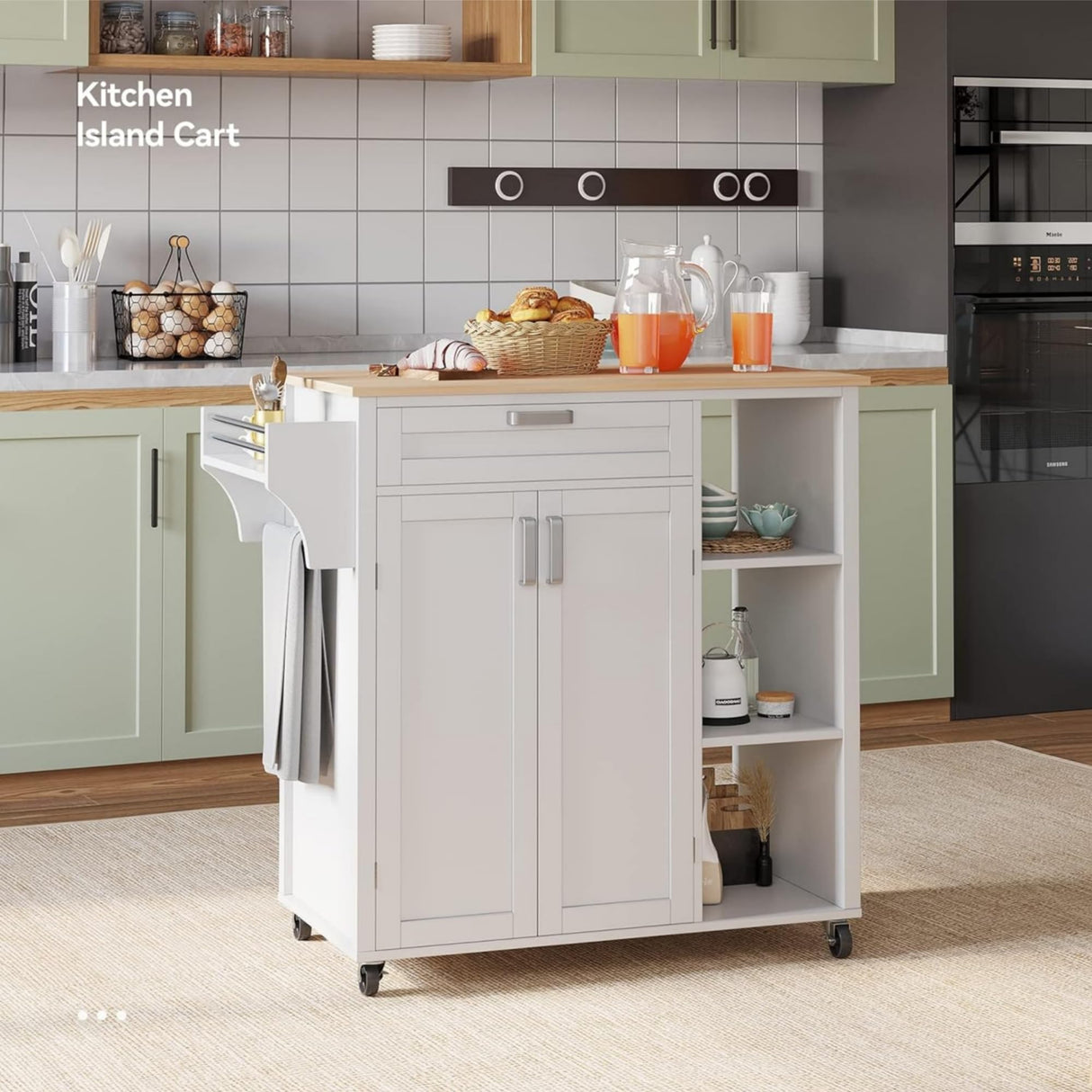 YITAHOME 37" Rolling Kitchen Island Cart with Storage, Butcher Block Island on Wheels, Mobile Kitchen Storage Carts with Shelves & Spice, White YITAHOME