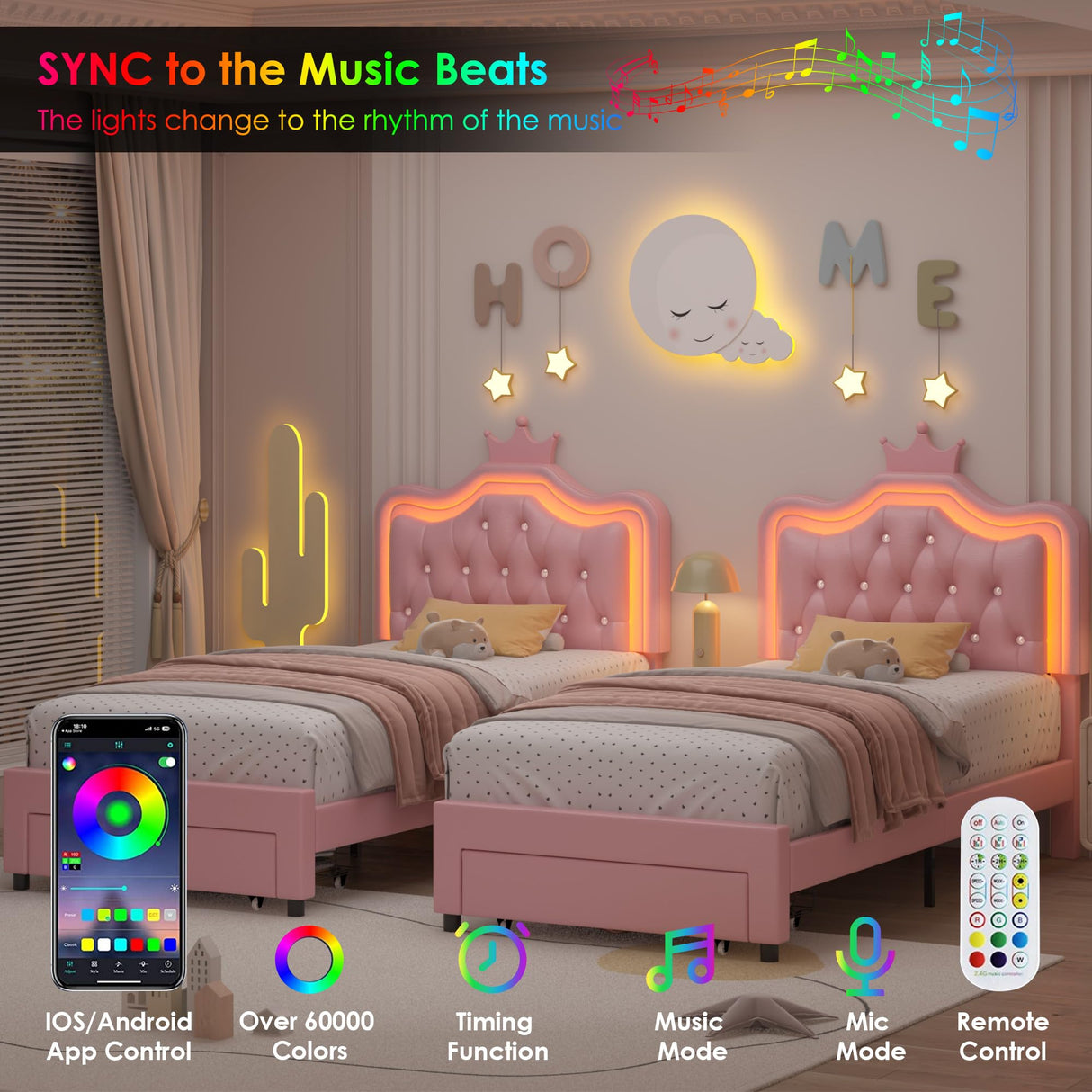 Keyluv Twin Upholstered LED Bed Frame with Storage Drawer, Leather Princess Platform Bed with Adjustable Crystal Button Tufted Crown Headboard, Solid Wooden Slats Support, No Box Spring Needed, Pink Keyluv