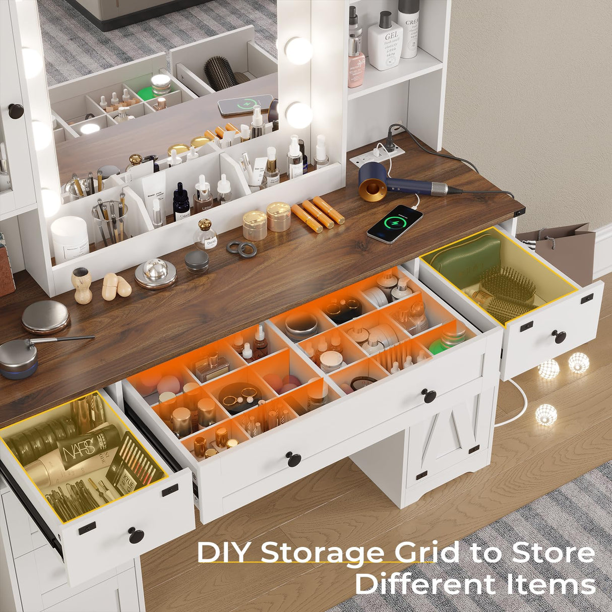 DICTAC Farmhouse Makeup Vanity Desk with Mirror and Lights, Large Vanity Table with Charging Station, 43'' Bedroom Dressing Table with 6 Drawers & 2 DICTAC