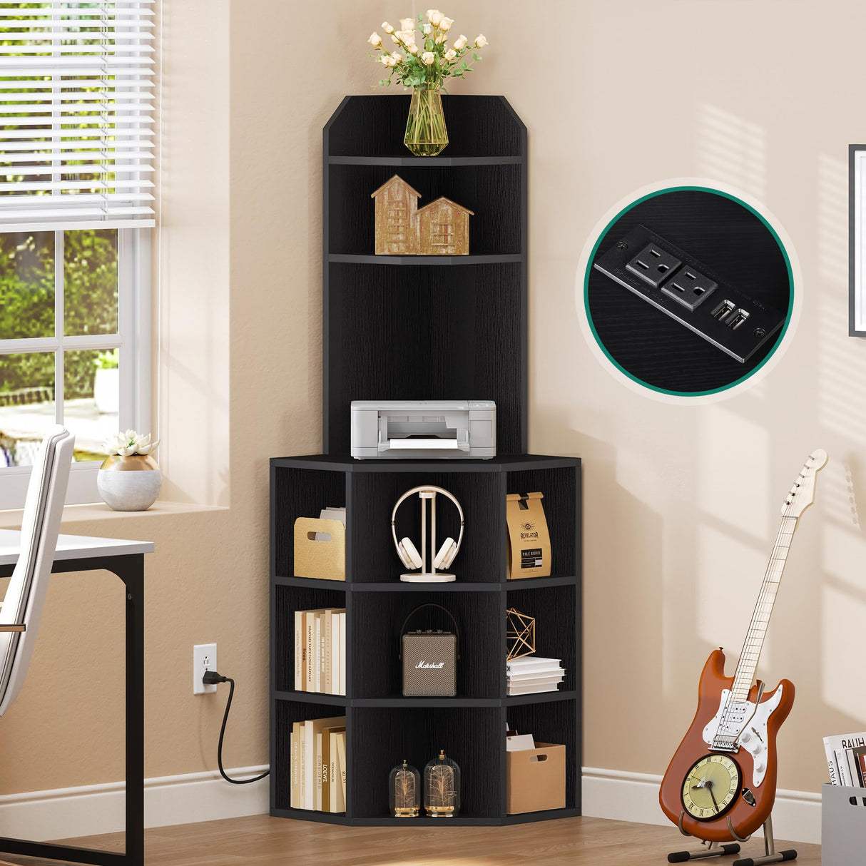 YITAHOME Corner Shelf with USB Ports & Outlets, Industrial Corner Storage Cabinet Rack Charging Station, Wooden Display Bookshelf Bookcase for Living Room, Bedroom, Dining Room, Kitchen, Black YITAHOME