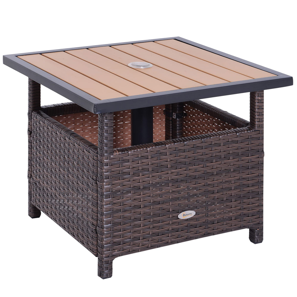 Outsunny 22'' Rattan Wicker Side Table with Steel Frame, Umbrella Insert Hole, Sand Bag for Outdoor, Patio, Garden, Backyard, Brown Outsunny
