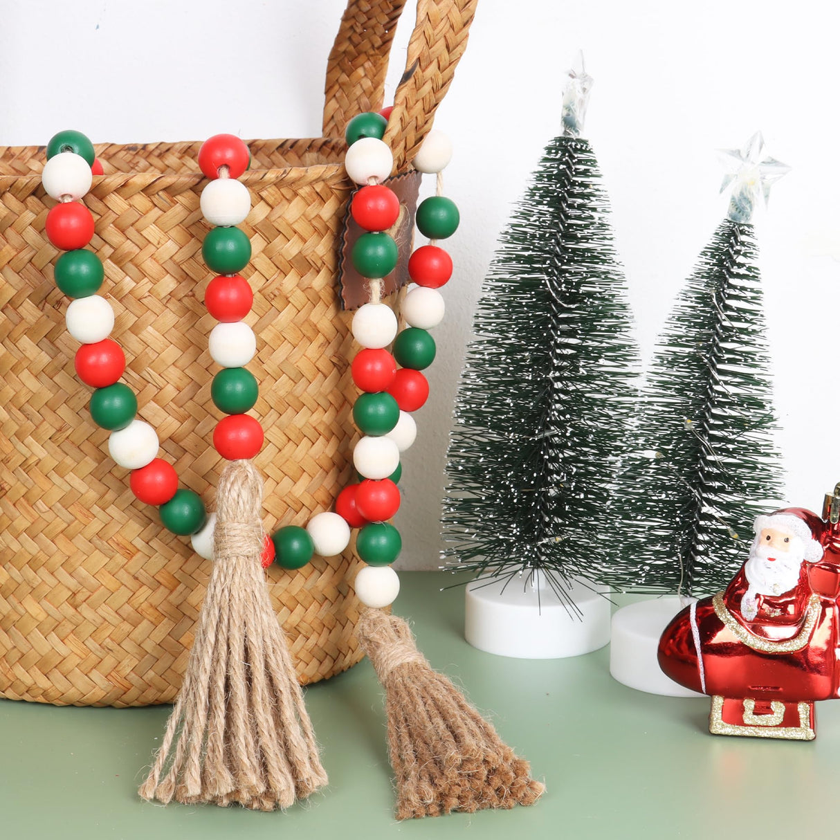 Christmas Wood Bead Garland,39in Farmhouse Beads with Tassels Christmas Tiered Tray Decor Wall Hanging Home Ornaments for Christmas Tree Decorations Meplait