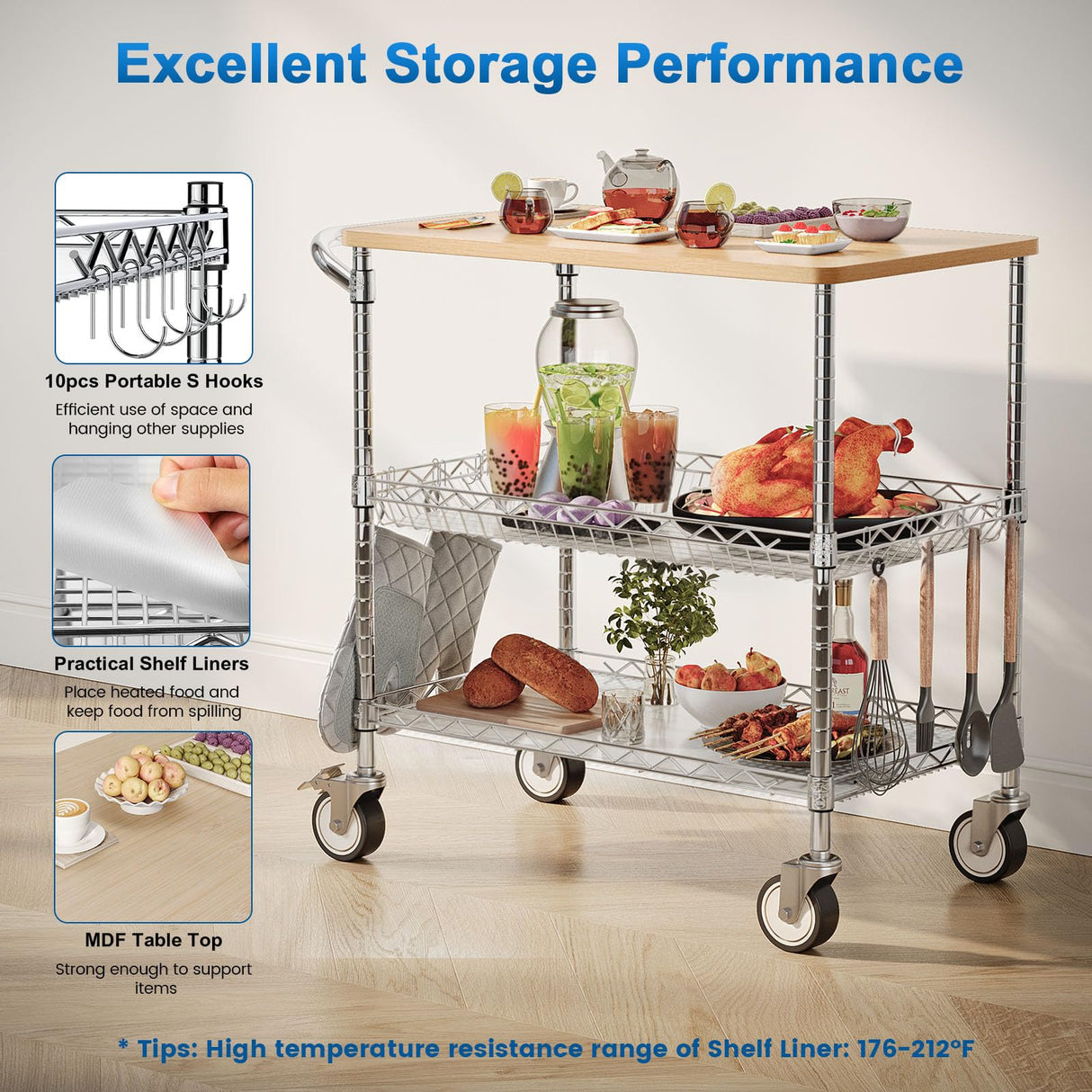Leteuke Rolling Kitchen Carts with Wheels, 34" L x 17.5" W, 3-Tier Heavy Duty Utility Cart with Wood Tabletop, NSF Commercial Metal Serving Cart with Handle and Shelf Liner for Kitchen, Chrome Leteuke